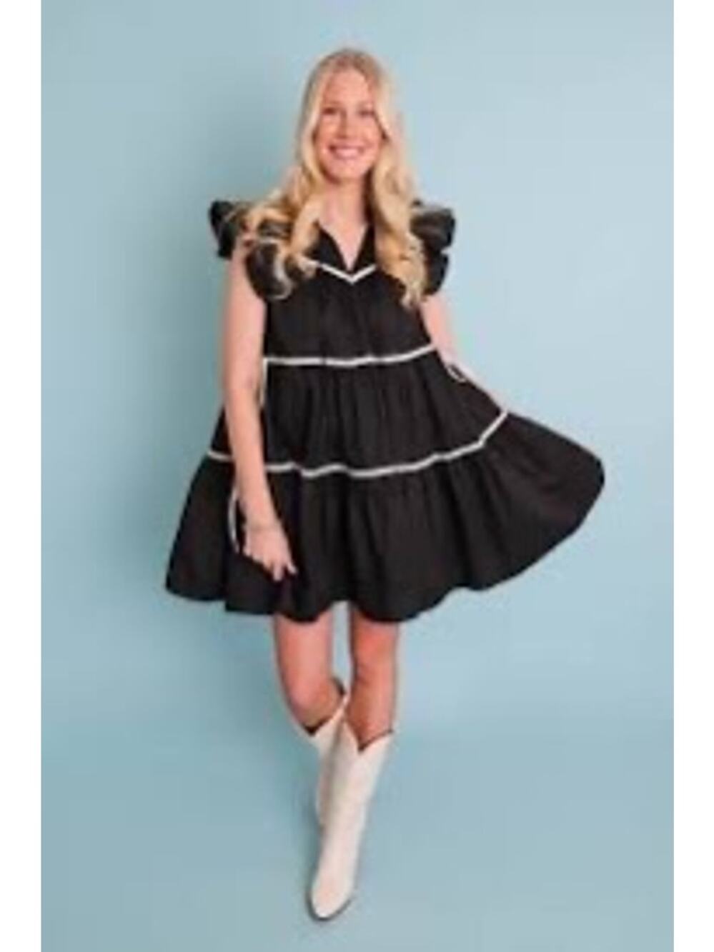 Entro Women’s Black Tiered Mini Dress Lace Trim Ruffle Sleeve Button Front Sz M